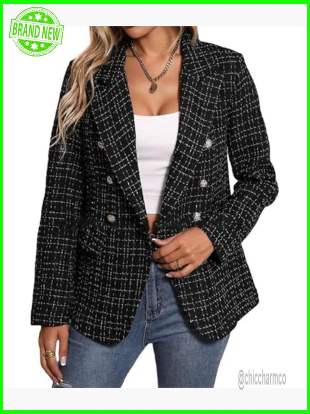 Plaid Tweed Blazer Jacket Fall Winter Office Business Elegant Lined Suit Coat - Picture 3 of 5